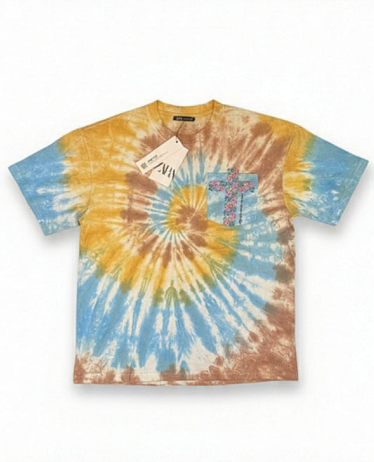 ZARA Men’s Multi-Color Tie-Dye Relaxed Fit Cotton T-Shirt with Floral Cross Pocket Print